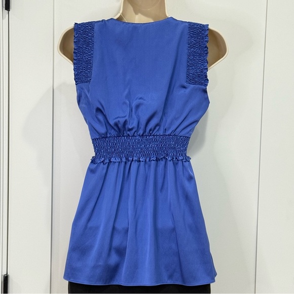 BCBGMaxAzria Silk Babydoll Tank Top Satin Blue Smocked XS Y2K Vintage Party Chic - Picture 3 of 11